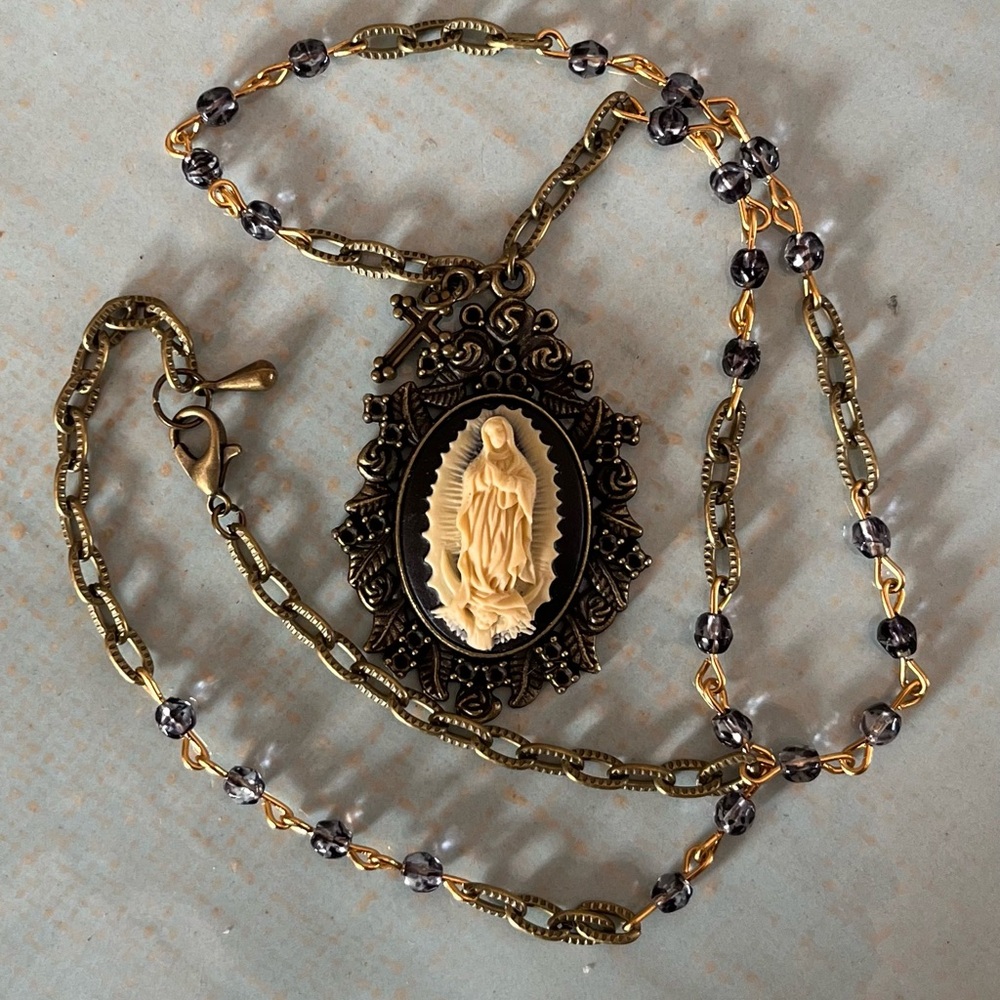 Vintage Style Guadalupe Cameo Necklace/ Brass Austrian Crystal Chain